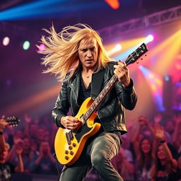 A 30-year-old blonde guitarist performing passionately on stage, his long hair flowing as he strums an electric guitar, surrounded by colorful stage lights
