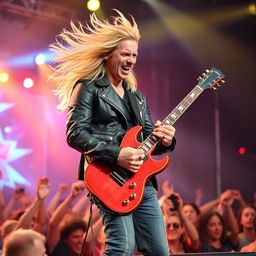A 30-year-old blonde guitarist performing passionately on stage, his long hair flowing as he strums an electric guitar, surrounded by colorful stage lights