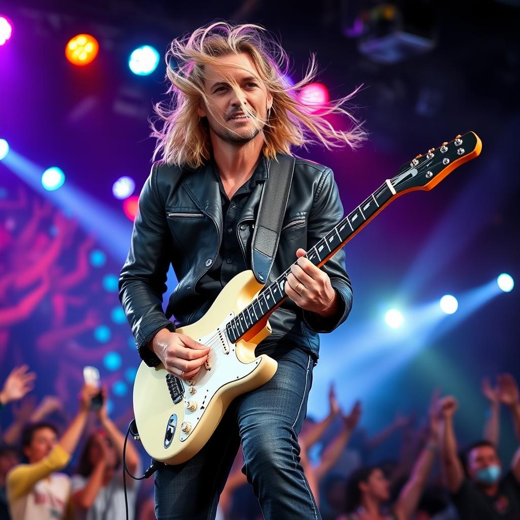 A 30-year-old blonde guitarist performing passionately on stage, his long hair flowing as he strums an electric guitar, surrounded by colorful stage lights