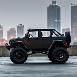 A retro cyberpunk four-seat jeep parked in an urban parking lot, showcasing its high suspension and rugged design