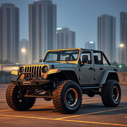 A retro cyberpunk four-seat jeep parked in an urban parking lot, showcasing its high suspension and rugged design