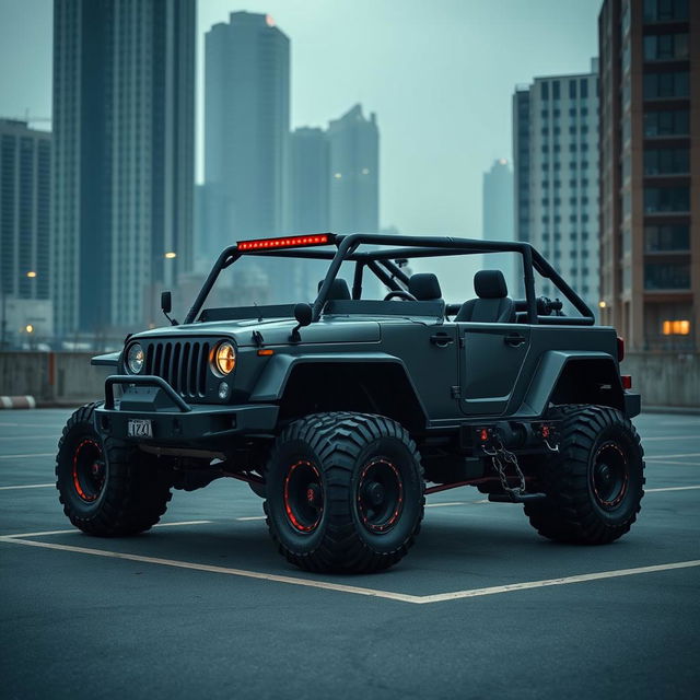 A retro cyberpunk four-seat jeep parked in an urban parking lot, showcasing its high suspension and rugged design