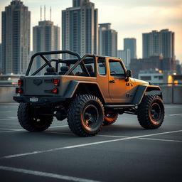 A retro cyberpunk four-seat jeep parked in an urban parking lot, showcasing its high suspension and rugged design