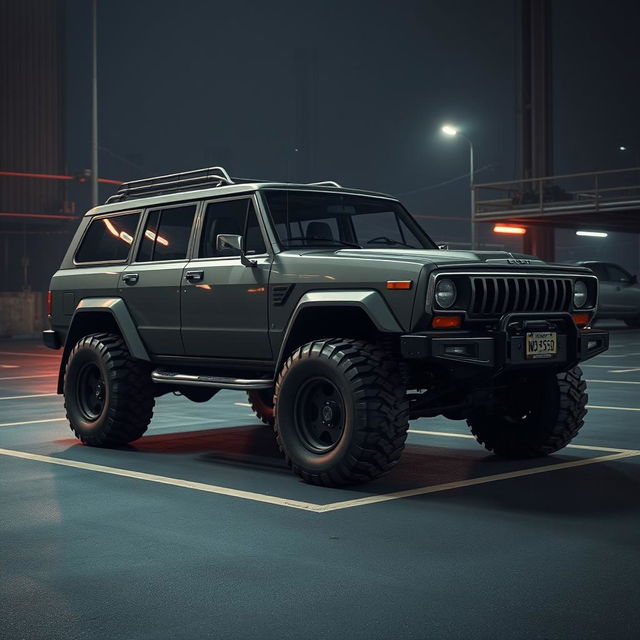 A retro cyberpunk four-seat SUV parked in a dimly lit urban parking lot, showcasing its high suspension and rugged styling