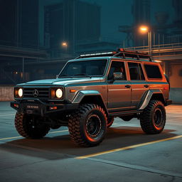 A retro cyberpunk four-seat SUV parked in a dimly lit urban parking lot, showcasing its high suspension and rugged styling