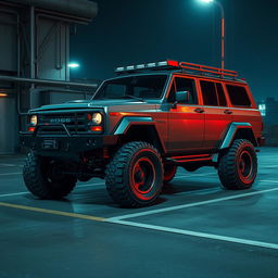 A retro cyberpunk four-seat SUV parked in a dimly lit urban parking lot, showcasing its high suspension and rugged styling