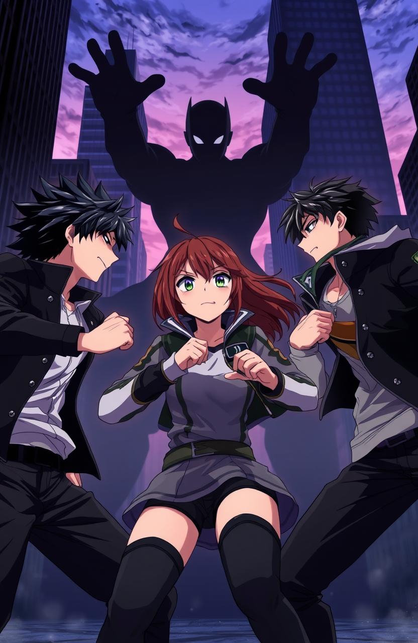 An anime scene featuring three male characters with black hair and one female character with brown hair, all around 20 years old