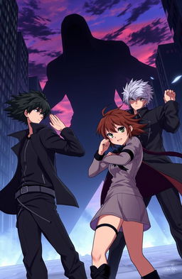 An anime scene featuring three male characters with black hair and one female character with brown hair, all around 20 years old