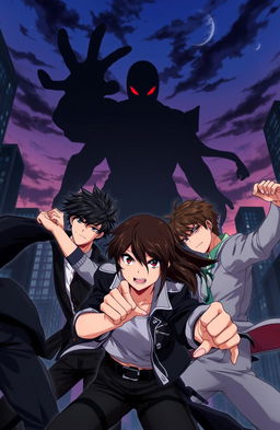 An anime scene featuring three male characters with black hair and one female character with brown hair, all around 20 years old