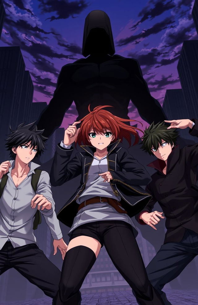 An anime scene featuring three male characters with black hair and one female character with brown hair, all around 20 years old