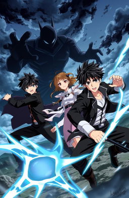 An anime scene featuring three young men with black hair and one young woman with brown hair, all around the age of 20, engaged in an epic battle against a shadowy enemy