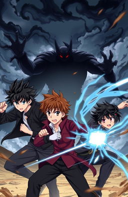 An anime scene featuring three young men with black hair and one young woman with brown hair, all around the age of 20, engaged in an epic battle against a shadowy enemy