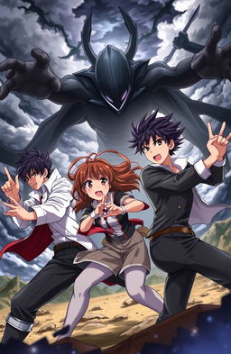 An anime scene featuring three young men with black hair and one young woman with brown hair, all around the age of 20, engaged in an epic battle against a shadowy enemy