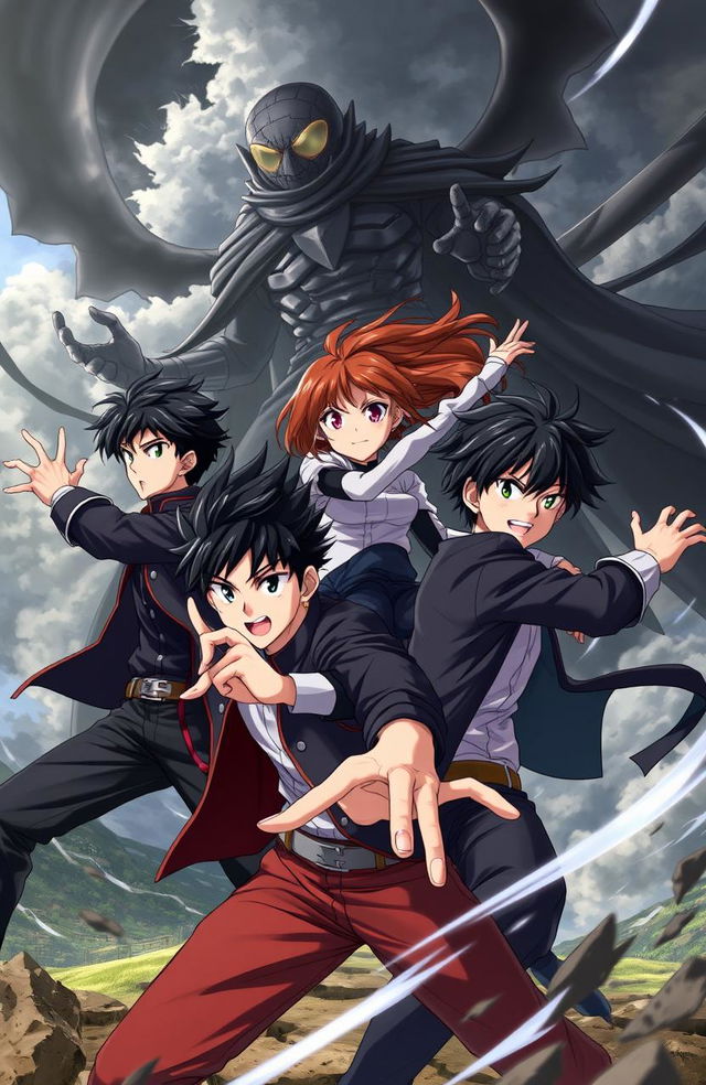 An anime scene featuring three young men with black hair and one young woman with brown hair, all around the age of 20, engaged in an epic battle against a shadowy enemy