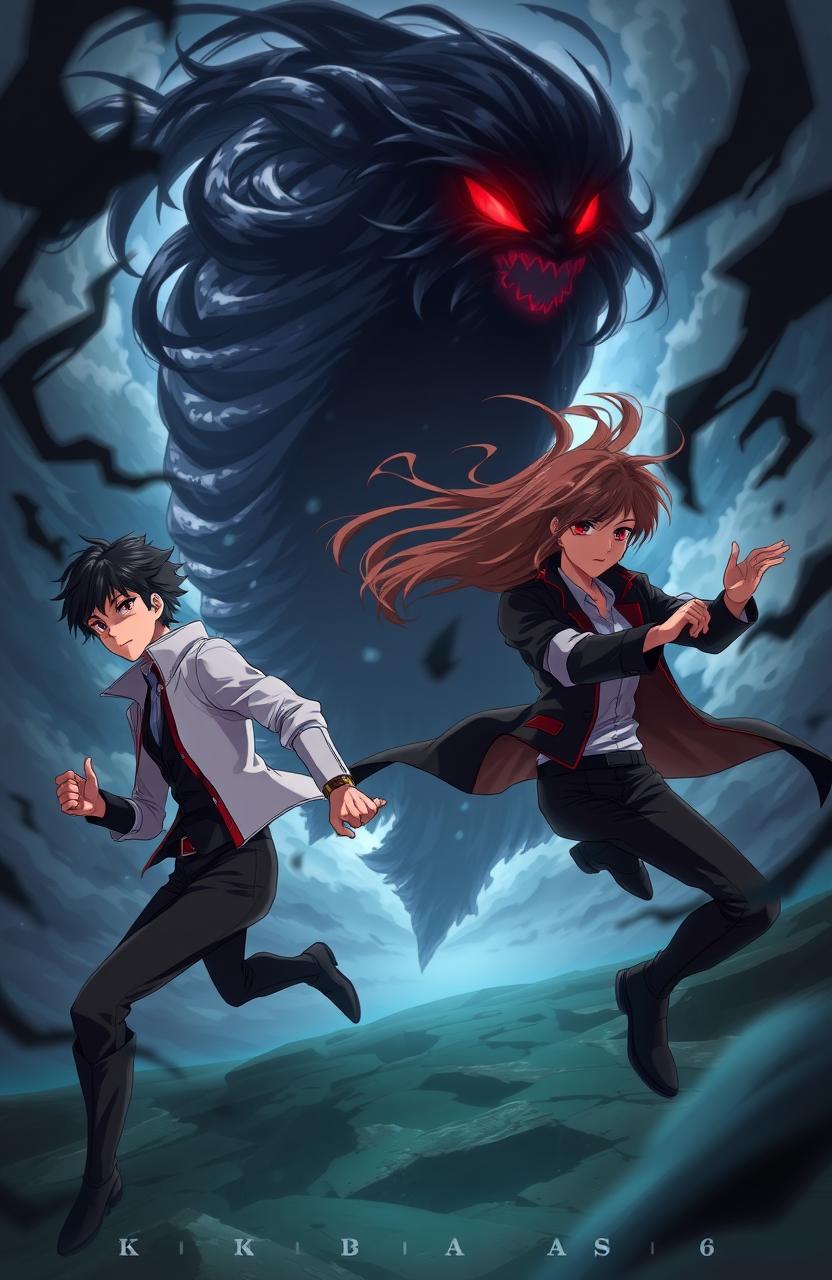 An epic anime scene featuring two young men with black hair and one young woman with brown hair, all around the age of 20, engaged in an intense battle against a mysterious shadow creature