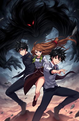 An epic anime scene featuring two young men with black hair and one young woman with brown hair, all around the age of 20, engaged in an intense battle against a mysterious shadow creature