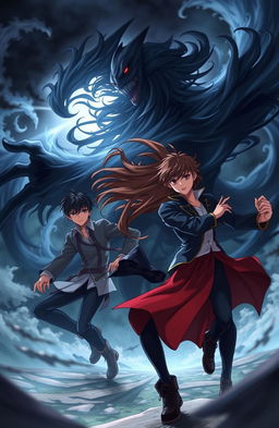 An epic anime scene featuring two young men with black hair and one young woman with brown hair, all around the age of 20, engaged in an intense battle against a mysterious shadow creature