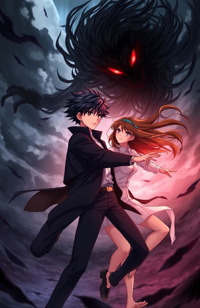 An epic anime scene featuring two young men with black hair and one young woman with brown hair, all around the age of 20, engaged in an intense battle against a mysterious shadow creature