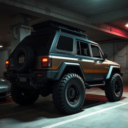 A retro cyberpunk four-seat SUV parked in an underground parking garage, showcasing its high suspension from a 45-degree angle view