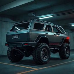 A retro cyberpunk four-seat SUV parked in an underground parking garage, showcasing its high suspension from a 45-degree angle view