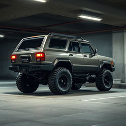 A retro cyberpunk four-seat SUV parked in an underground parking garage, showcasing its high suspension from a 45-degree angle view