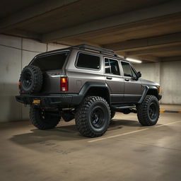 A retro cyberpunk four-seat SUV parked in an underground parking garage, showcasing its high suspension from a 45-degree angle view