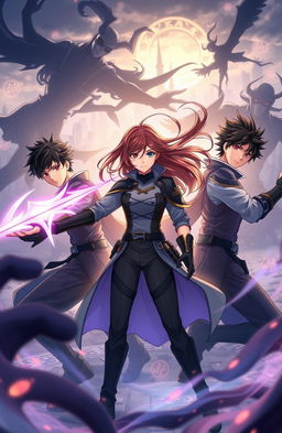 An anime scene depicting three young men with black hair and one young woman with brown hair, all around 20 years old, engaged in an intense battle against dark, shadowy figures