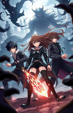 An anime scene depicting three young men with black hair and one young woman with brown hair, all around 20 years old, engaged in an intense battle against dark, shadowy figures