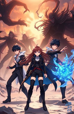 An anime scene depicting three young men with black hair and one young woman with brown hair, all around 20 years old, engaged in an intense battle against dark, shadowy figures