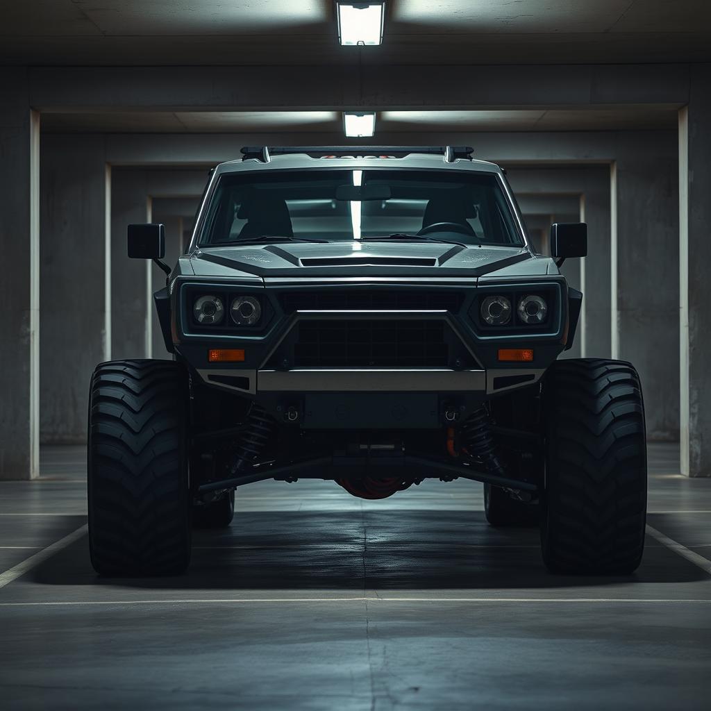 A retro cyberpunk four-seat SUV parked in an underground parking garage, viewed from a 45-degree angle front perspective