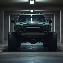 A retro cyberpunk four-seat SUV parked in an underground parking garage, viewed from a 45-degree angle front perspective