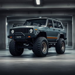 A retro cyberpunk four-seat SUV parked in an underground parking garage, viewed from a 45-degree angle front perspective