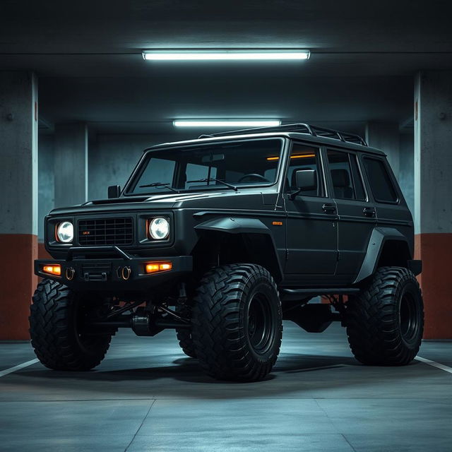 A retro cyberpunk four-seat SUV parked in an underground parking garage, viewed from a 45-degree angle front perspective