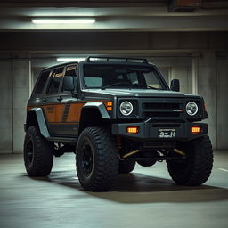 A retro cyberpunk four-seat SUV parked in an underground parking garage, viewed from a 45-degree angle front perspective