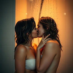 A romantic scene in a steamy shower with two attractive women sharing a passionate kiss