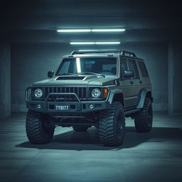A retro cyberpunk four-seat SUV parked in an underground parking garage, captured from a 45-degree angle front view