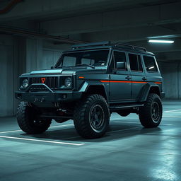 A retro cyberpunk four-seat SUV parked in an underground parking garage, captured from a 45-degree angle front view