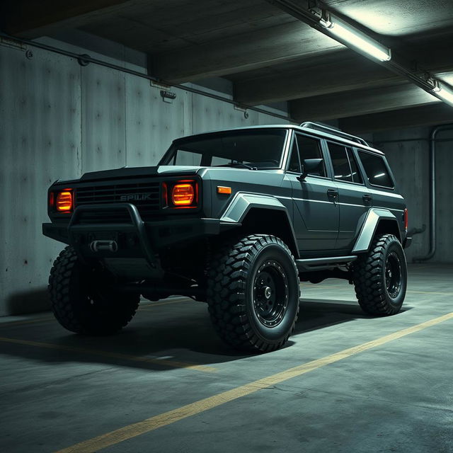 A retro cyberpunk four-seat SUV parked in an underground parking garage, captured from a 45-degree angle front view