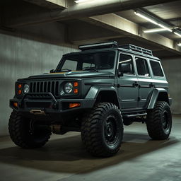 A retro cyberpunk four-seat SUV parked in an underground parking garage, captured from a 45-degree angle front view