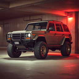 A retro cyberpunk four-seat SUV parked in an underground parking garage, captured from a 45-degree angle front view