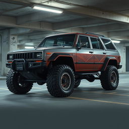 A retro cyberpunk four-seat SUV parked in an underground parking garage, captured from a 45-degree angle front view