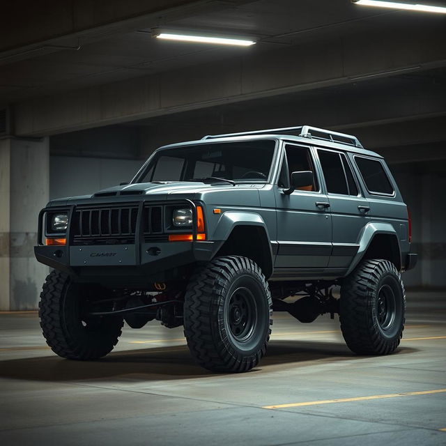 A retro cyberpunk four-seat SUV parked in an underground parking garage, captured from a 45-degree angle front view