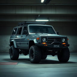 A retro cyberpunk four-seat SUV parked in an underground parking garage, captured from a 45-degree angle front view