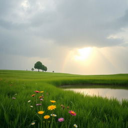 A serene landscape depicting a gentle rain falling over a lush green meadow
