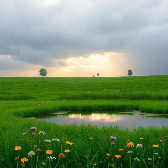 A serene landscape depicting a gentle rain falling over a lush green meadow