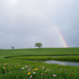 A serene landscape depicting a gentle rain falling over a lush green meadow