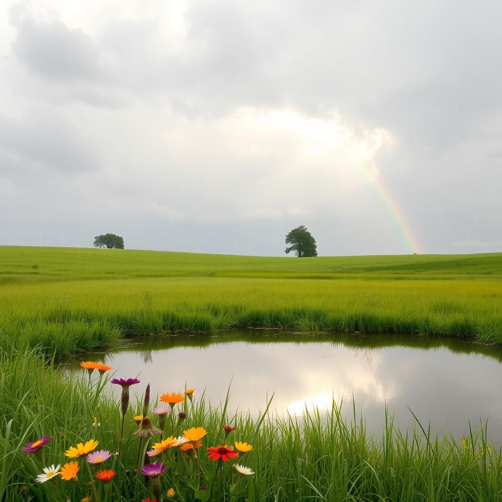 A serene landscape depicting a gentle rain falling over a lush green meadow