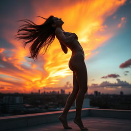 A striking and artistic scene of a nude woman standing gracefully on a rooftop against a vibrant sunset