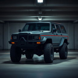 A retro cyberpunk four-seat SUV situated in an underground parking garage, shot from a 45-degree angle front view