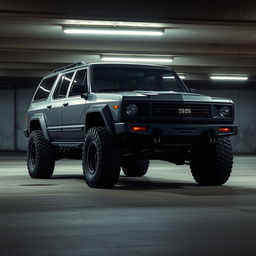 A retro cyberpunk four-seat SUV situated in an underground parking garage, shot from a 45-degree angle front view